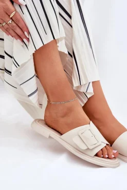 Skórzane Klapki Damskie Z Klamrą D&A SJ2302-01 Beżowe