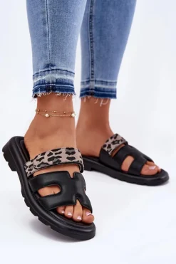 Skórzane Klapki Damskie Z Rzepem Panterka Vinceza 66769 Czarne