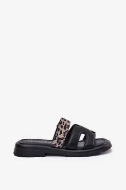 Skórzane Klapki Damskie Z Rzepem Panterka Vinceza 66769 Czarne