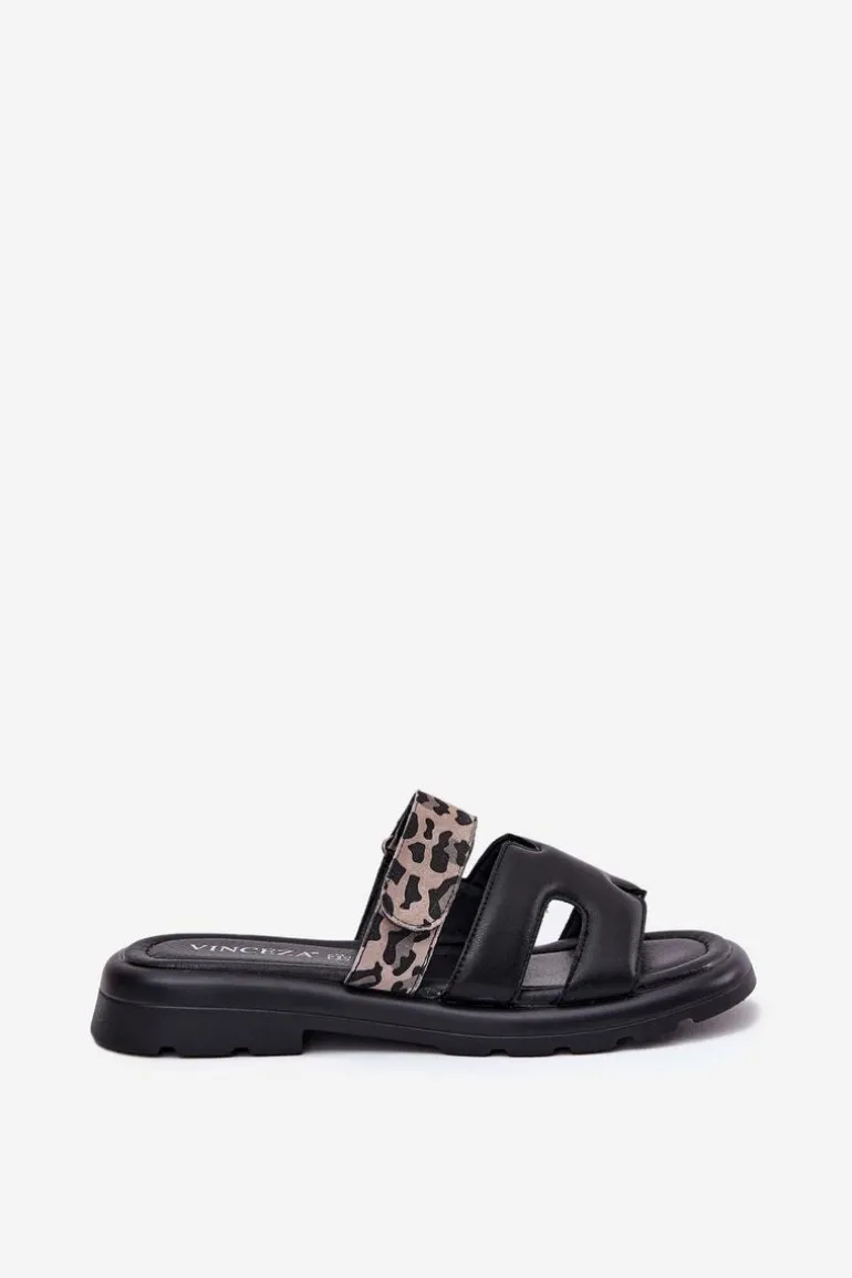 Skórzane Klapki Damskie Z Rzepem Panterka Vinceza 66769 Czarne