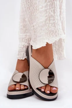 Skórzane Klapki Damskie Z Ozdobą S.Barski LR51-662 Beżowe