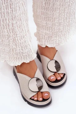 Skórzane Klapki Damskie Z Ozdobą S.Barski LR51-662 Beżowe