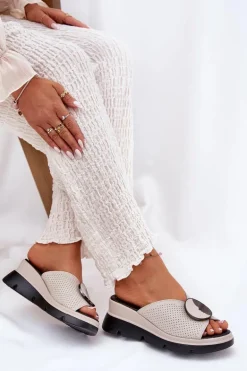 Skórzane Klapki Damskie Z Ozdobą S.Barski LR51-662 Beżowe