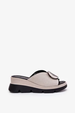 Skórzane Klapki Damskie Z Ozdobą S.Barski LR51-662 Beżowe