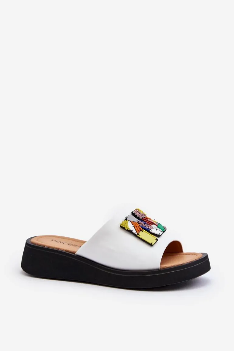 Skórzane Klapki Damskie Z Ozdobą Białe Asames