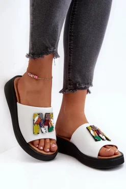 Skórzane Klapki Damskie Z Ozdobą Białe Asames