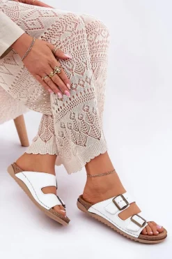 Skórzane Klapki Damskie Z Klarami Inblu AA0002KU Białe