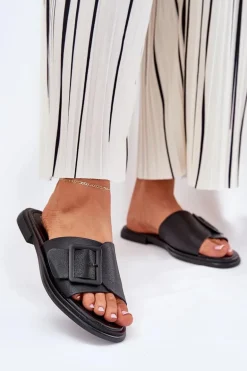 Skórzane Klapki Damskie Z Klamrą D&A SJ2302-01 Czarne