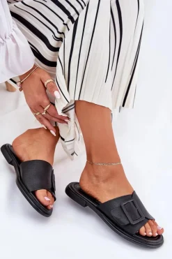 Skórzane Klapki Damskie Z Klamrą D&A SJ2302-01 Czarne