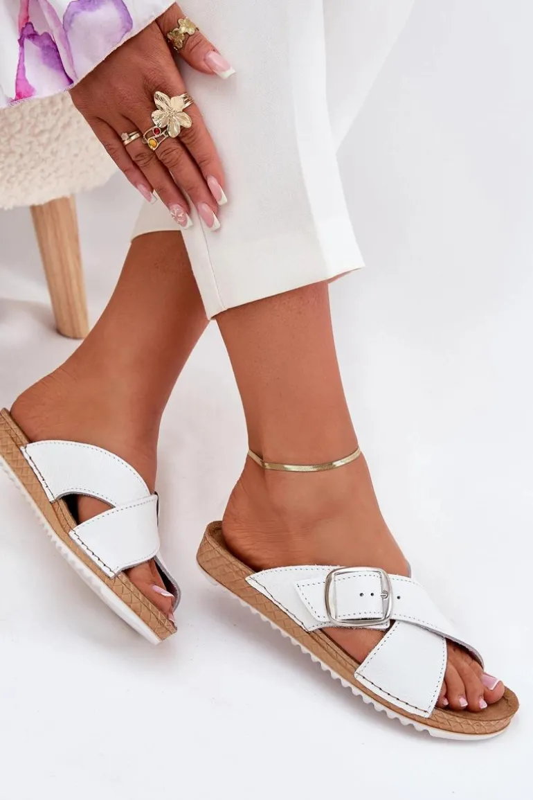 Skórzane Klapki Damskie Z Klamrą Inblu VO0004GU Białe