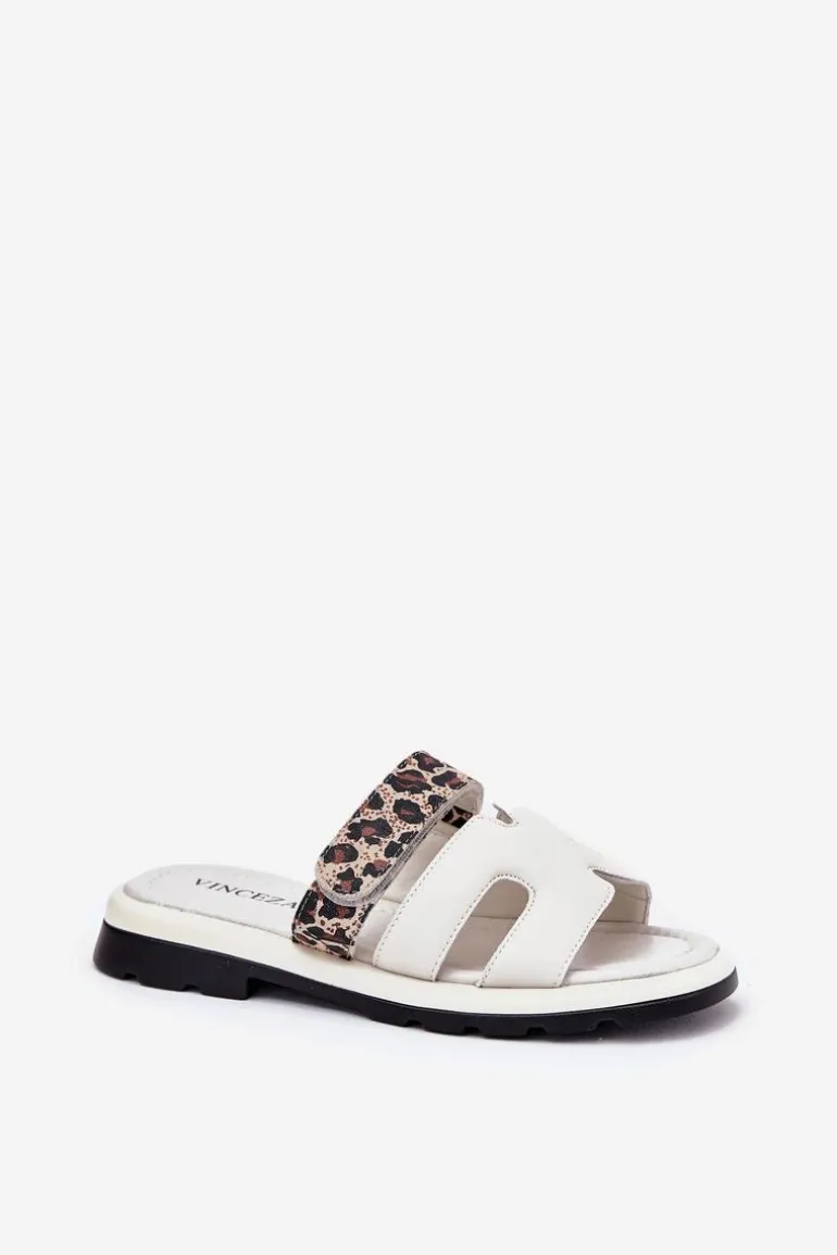 Skórzane Klapki Damskie Z Rzepem Panterka Vinceza 66769 Jasnobeżowe