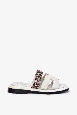 Skórzane Klapki Damskie Z Rzepem Panterka Vinceza 66769 Jasnobeżowe