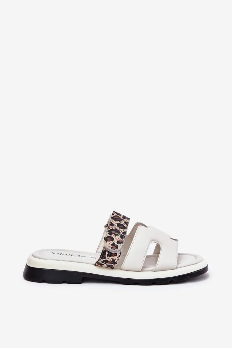 Skórzane Klapki Damskie Z Rzepem Panterka Vinceza 66769 Jasnobeżowe