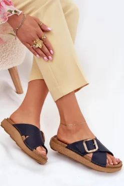 Skórzane Klapki Damskie Z Klamrą Inblu ED0003IU Granatowe