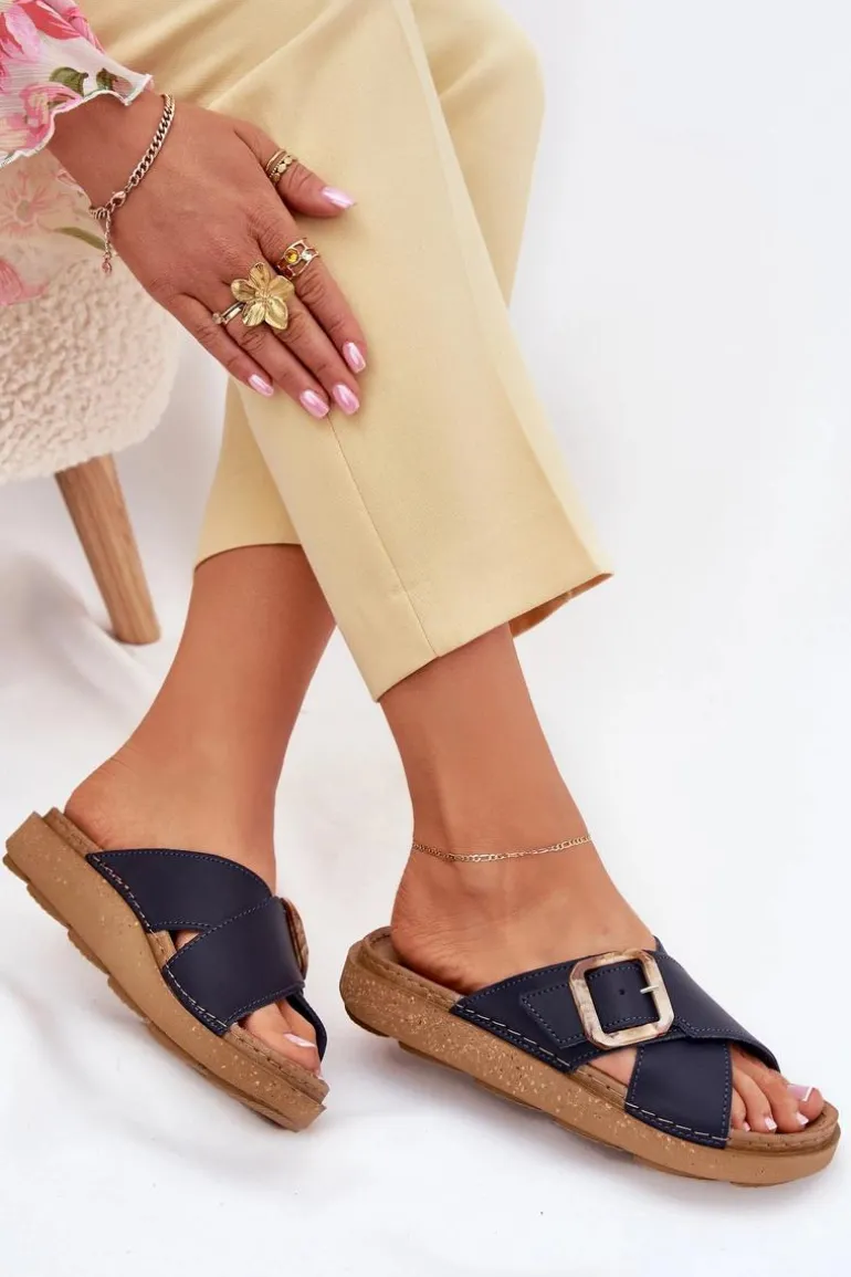 Skórzane Klapki Damskie Z Klamrą Inblu ED0003IU Granatowe