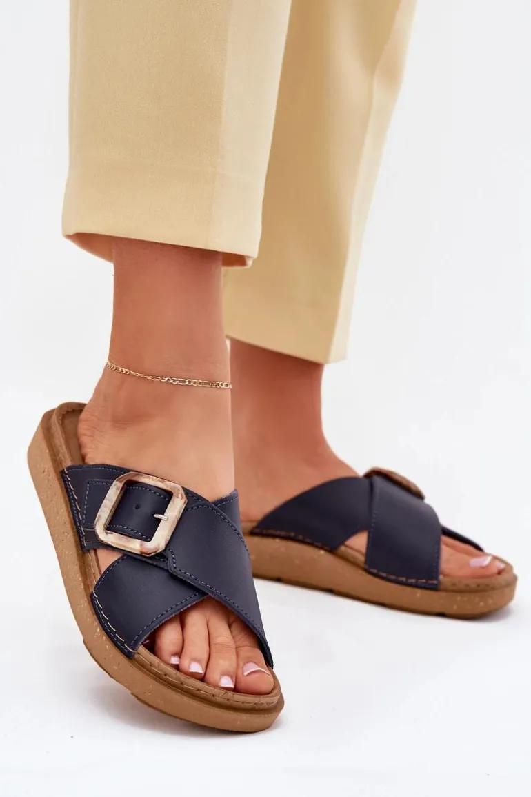 Skórzane Klapki Damskie Z Klamrą Inblu ED0003IU Granatowe