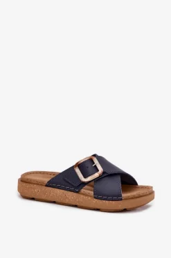 Skórzane Klapki Damskie Z Klamrą Inblu ED0003IU Granatowe