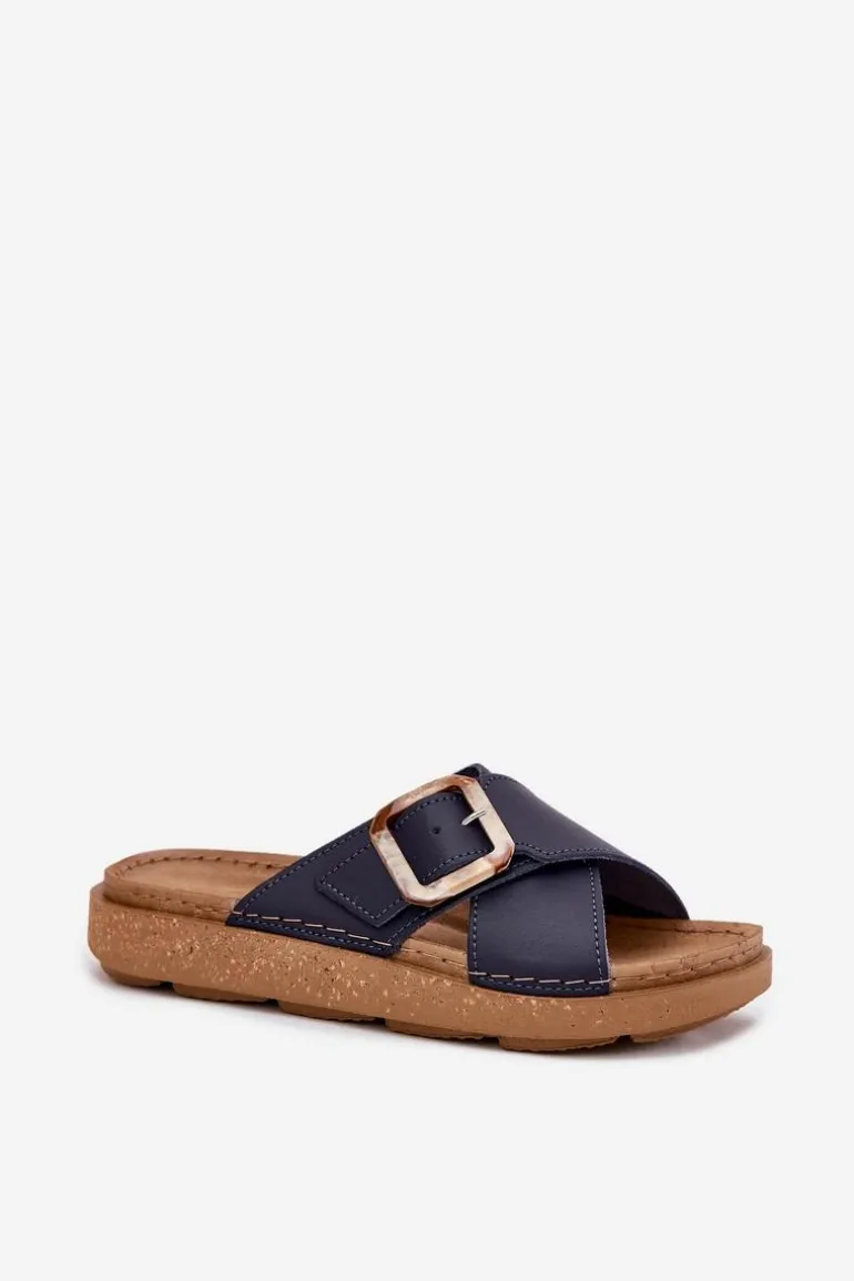 Skórzane Klapki Damskie Z Klamrą Inblu ED0003IU Granatowe