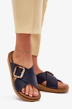 Skórzane Klapki Damskie Z Klamrą Inblu ED0003IU Granatowe