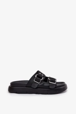 Skórzane Klapki Damskie Z Ozdobnymi Klamrami Big Star RR274658 Czarne