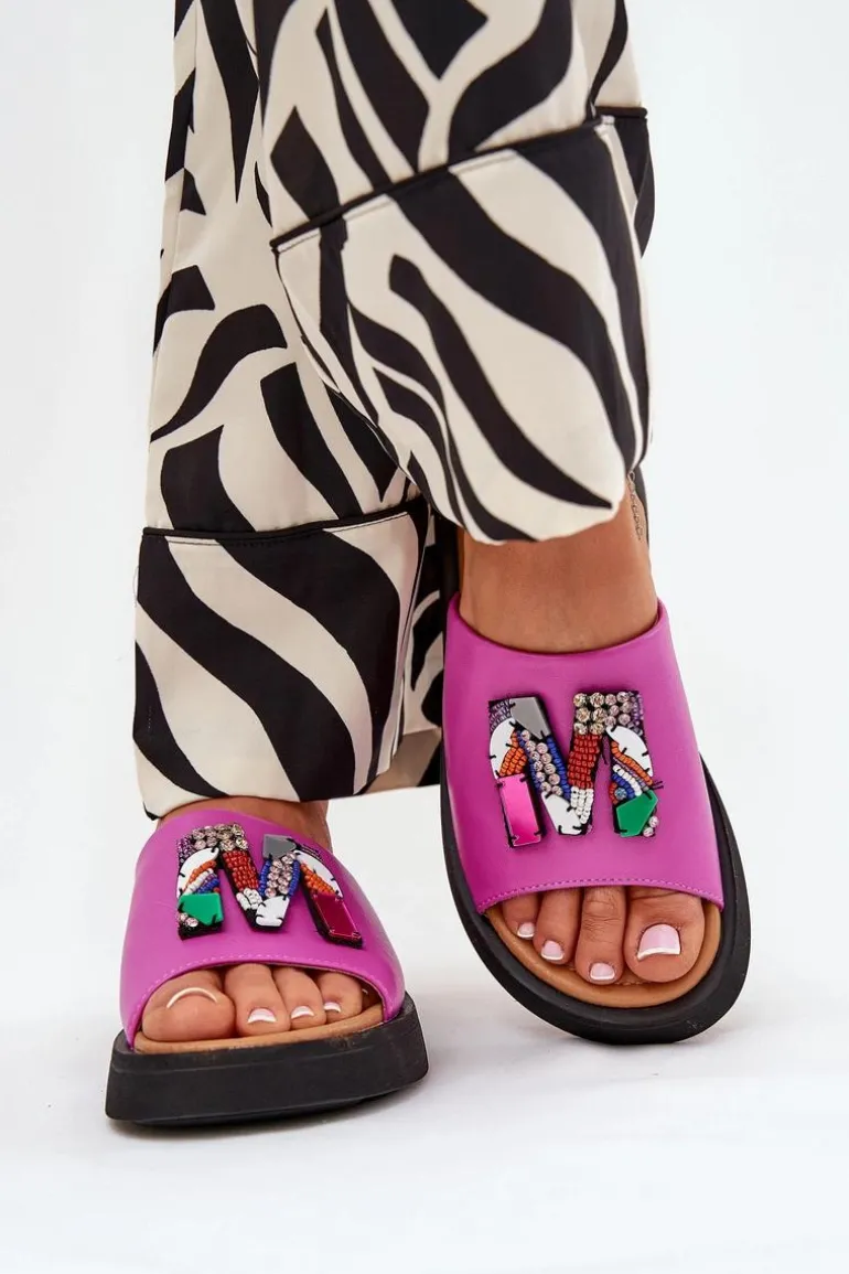 Skórzane Klapki Damskie Z Ozdobą Fuksja Asames