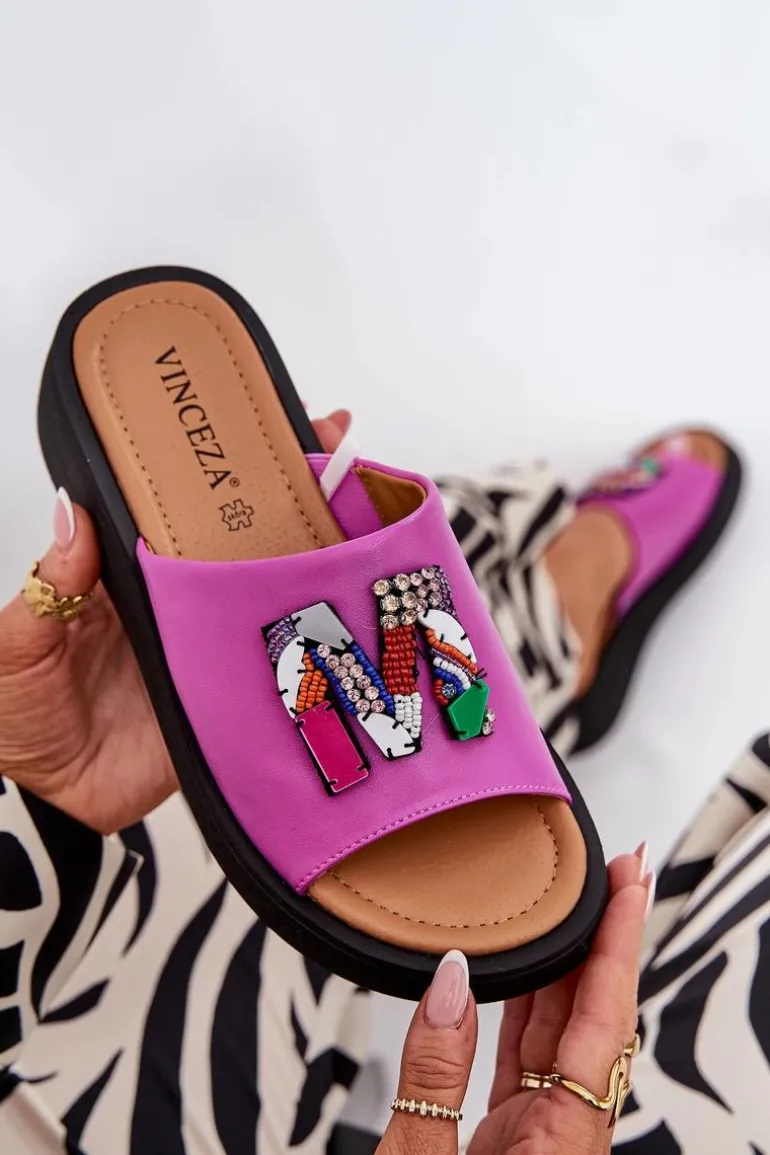 Skórzane Klapki Damskie Z Ozdobą Fuksja Asames