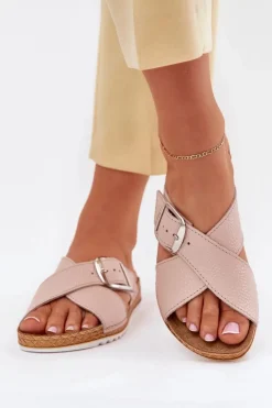 Skórzane Klapki Damskie Z Klamrą Inblu VO0004GU Różowe