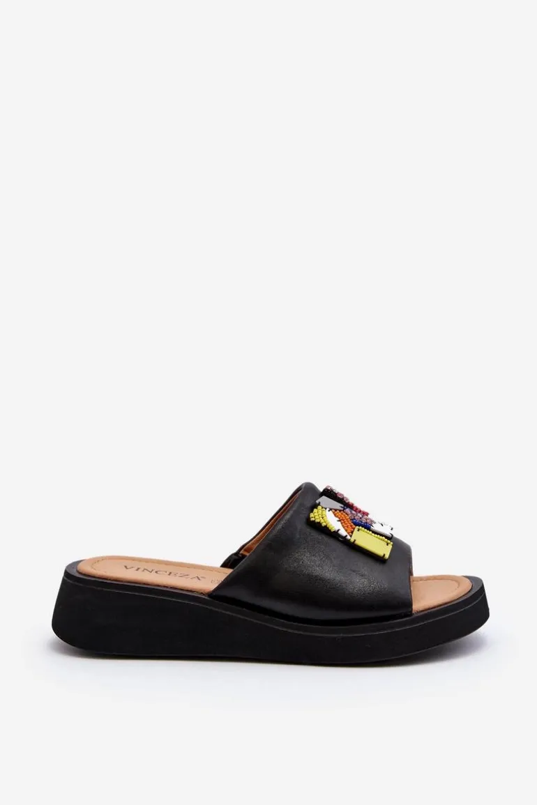 Skórzane Klapki Damskie Z Ozdobą Czarne Asames