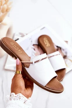 Skórzane Klapki Lewski Shoes 3047 Białe