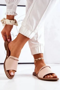 Skórzane Klapki Lewski Shoes 3047 Beżowe