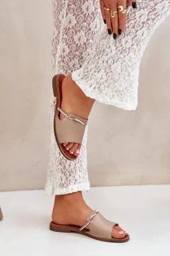 Skórzane Klapki Lewski Shoes 3047 Ciemnobeżowe