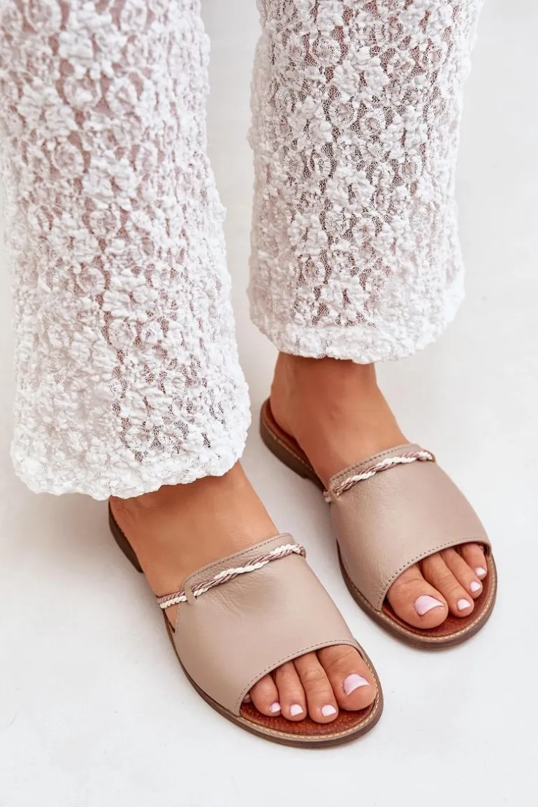 Skórzane Klapki Lewski Shoes 3047 Ciemnobeżowe