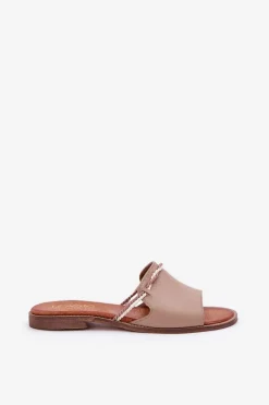 Skórzane Klapki Lewski Shoes 3047 Ciemnobeżowe