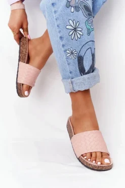 Skórzane Klapki Na Korkowej Podeszwie Jasnoróżowe Catalina