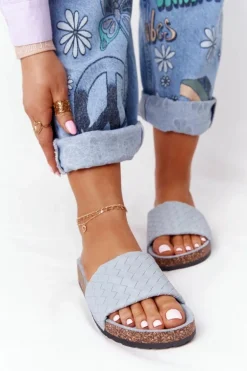 Skórzane Klapki Na Korkowej Podeszwie Błękitne Catalina