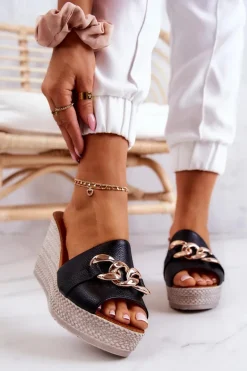 Skórzane Klapki Na Koturnie Lewski 3062 Czarne