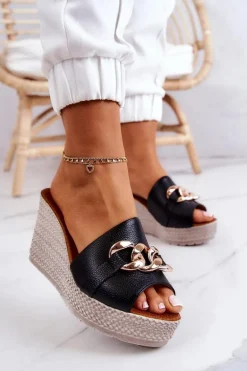 Skórzane Klapki Na Koturnie Lewski 3062 Czarne