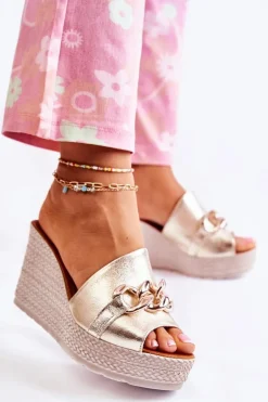 Skórzane Klapki Na Koturnie Lewski 3062 Złoto-Szare