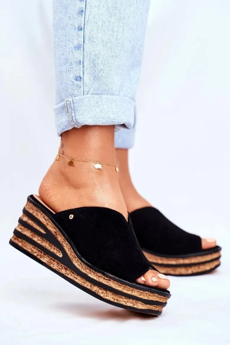 Skórzane Klapki Na Koturnie Czarne Nicole 2559