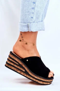 Skórzane Klapki Na Koturnie Czarne Nicole 2559