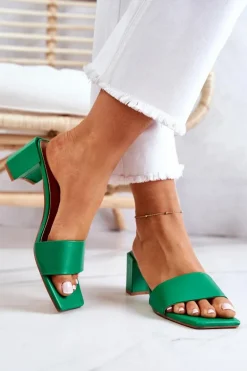 Skórzane Klapki Na Obcasie Zielone Netty