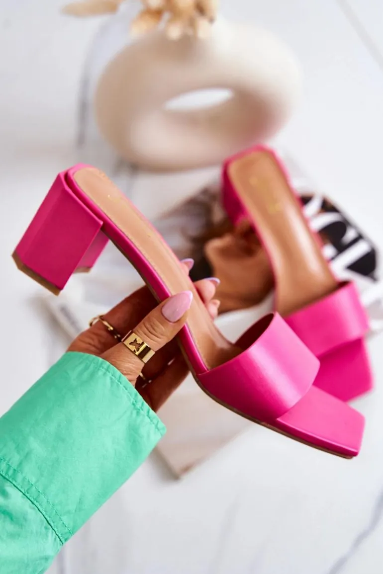 Skórzane Klapki Na Obcasie Różowe Netty