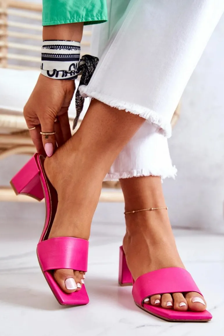 Skórzane Klapki Na Obcasie Różowe Netty