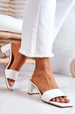 Skórzane Klapki Na Obcasie Białe Netty