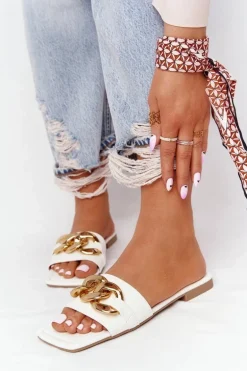 Skórzane Klapki Z Łańcuchem Białe French Kiss