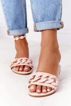 Skórzane Klapki Z Łańcuchem Beżowe Step By Step