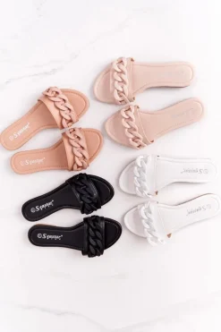 Skórzane Klapki Z Łańcuchem Beżowe Step By Step