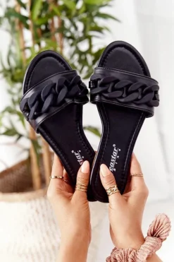 Skórzane Klapki Z Łańcuchem Czarne Step By Step