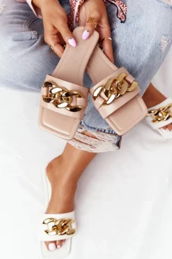 Skórzane Klapki Z Łańcuchem Nude French Kiss