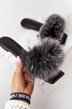 Skórzane Klapki Z Futerkiem Czarno-Białe Love You So